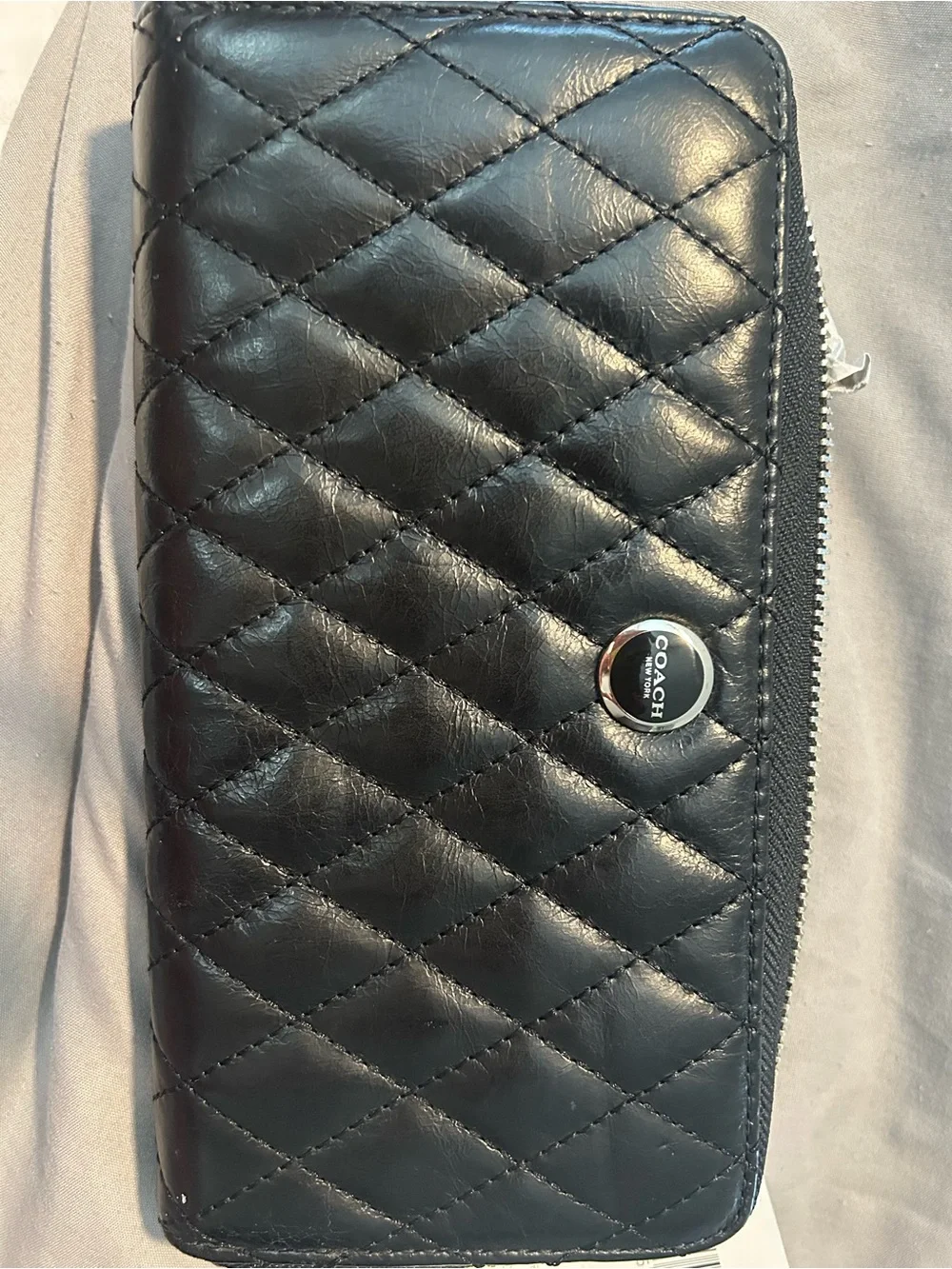 Coach Black Quilted Leather Zip Wallet with Logo Badge